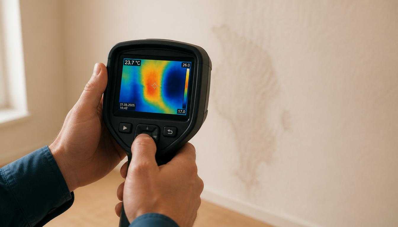 Wärmebildkamera bei der Leckageortung – das Display zeigt einen Feuchtigkeitsherd hinter der Wand
