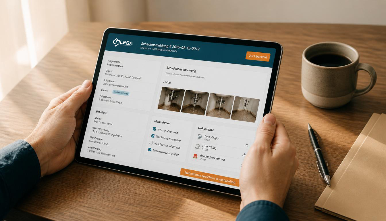 Digitales Schadensprotokoll auf einem Tablet – sauberer Workspace mit Holz-Schreibtisch